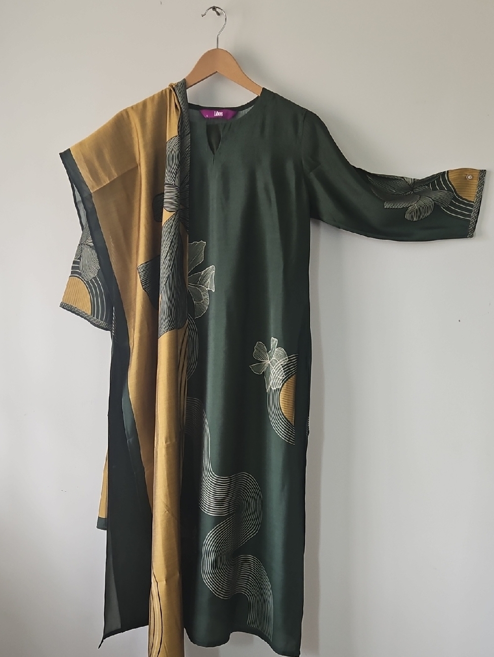 Dark Green Long Sleeve Maxi Dress with Mustard Accents